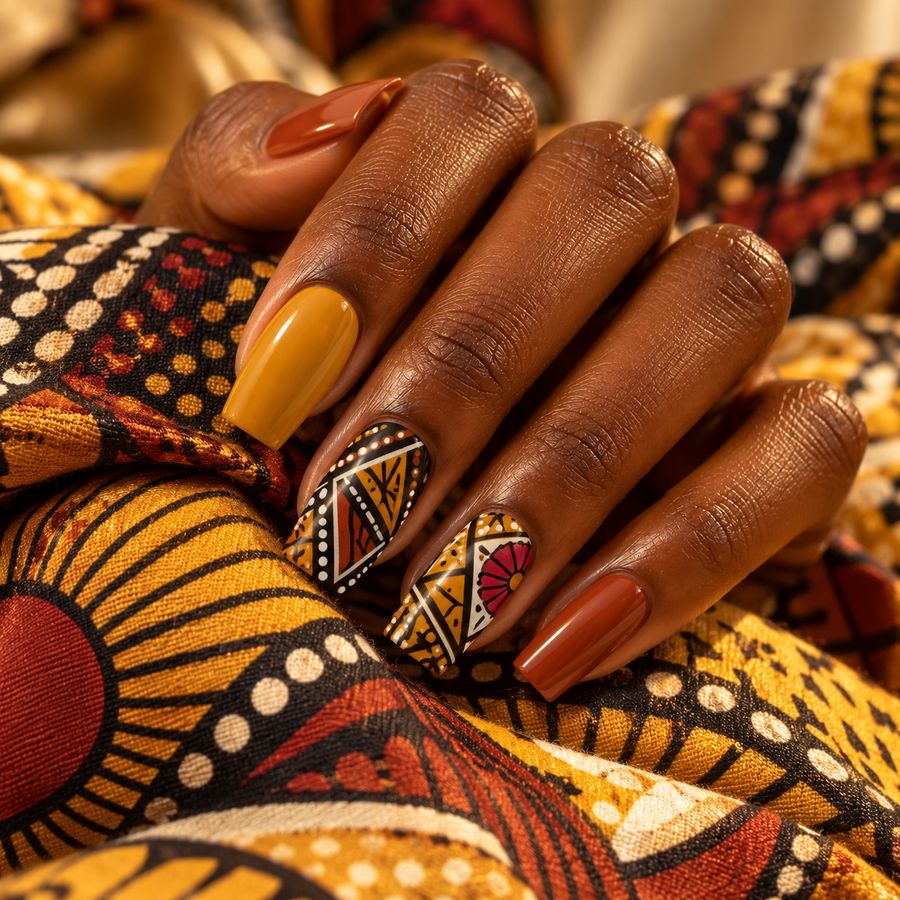 Ankara accent: Mustard and terracotta with wax-print accent nails.