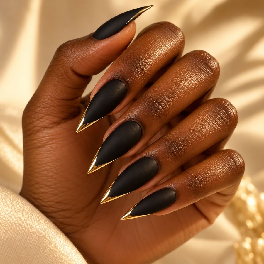 Matte black, gold tips: Bold and sharp: matte black edged in gold.