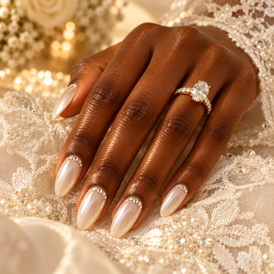 Bridal pearl: Pearly white with a few small crystals at the base.