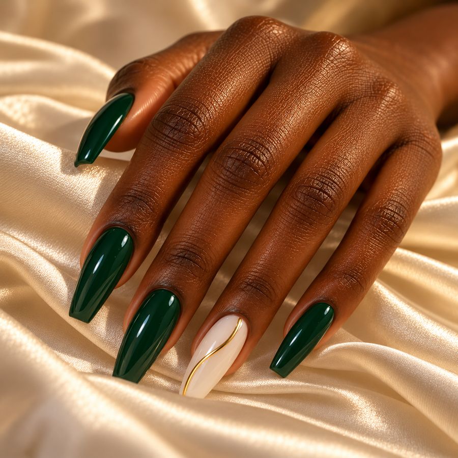 Emerald & ivory: Deep green with one ivory accent and a fine gold line.