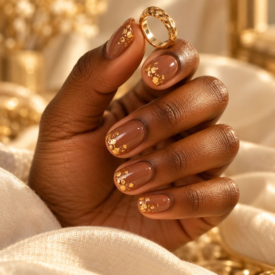 Cocoa with gold foil: Short nails with flecks of gold near the tips.
