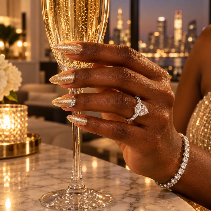 Champagne & diamond dust: Shimmering champagne gold with one diamond accent.