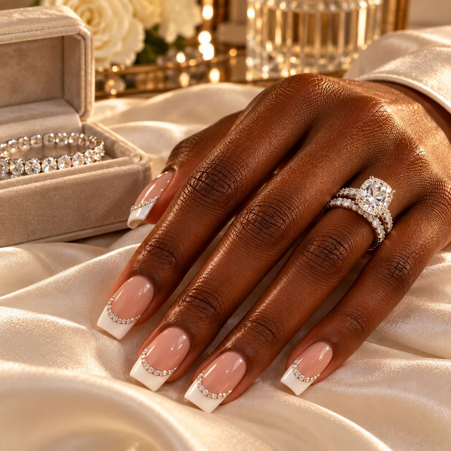 Diamond French: A crisp French tip edged with a line of tiny diamonds.