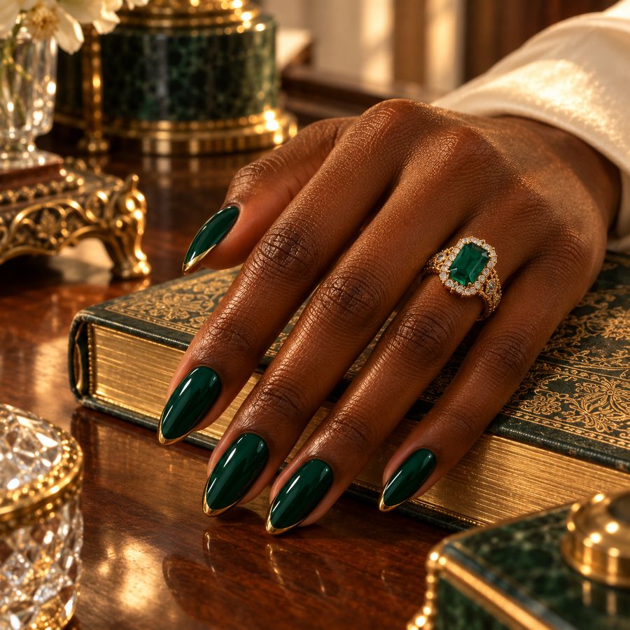 Emerald heiress: Deep green with a slim gold edge.