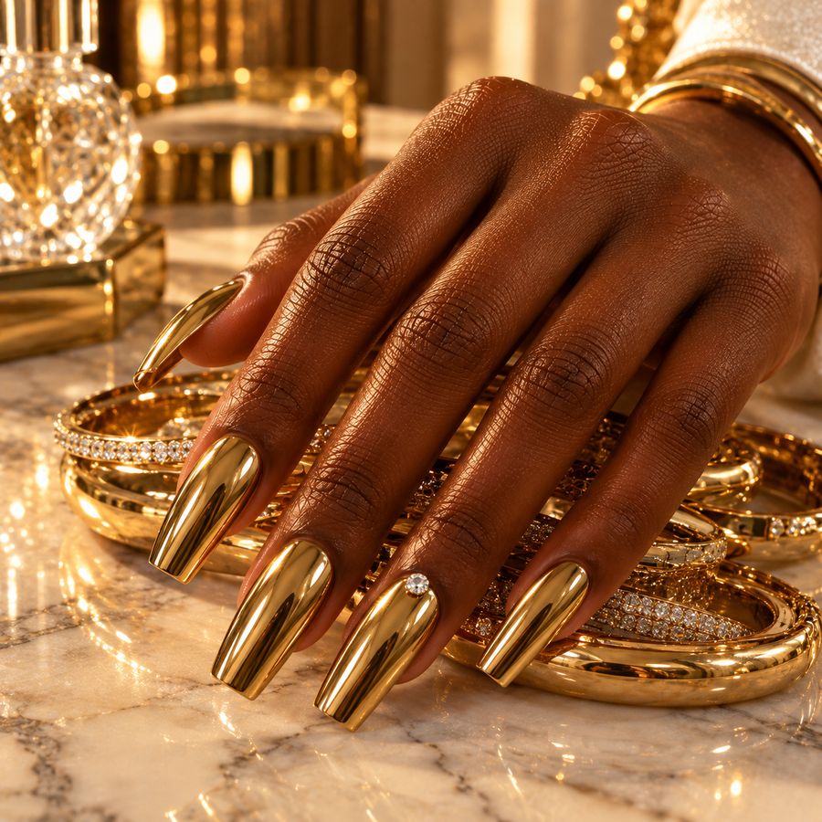 Liquid gold: Mirror-gold chrome with a single diamond accent.