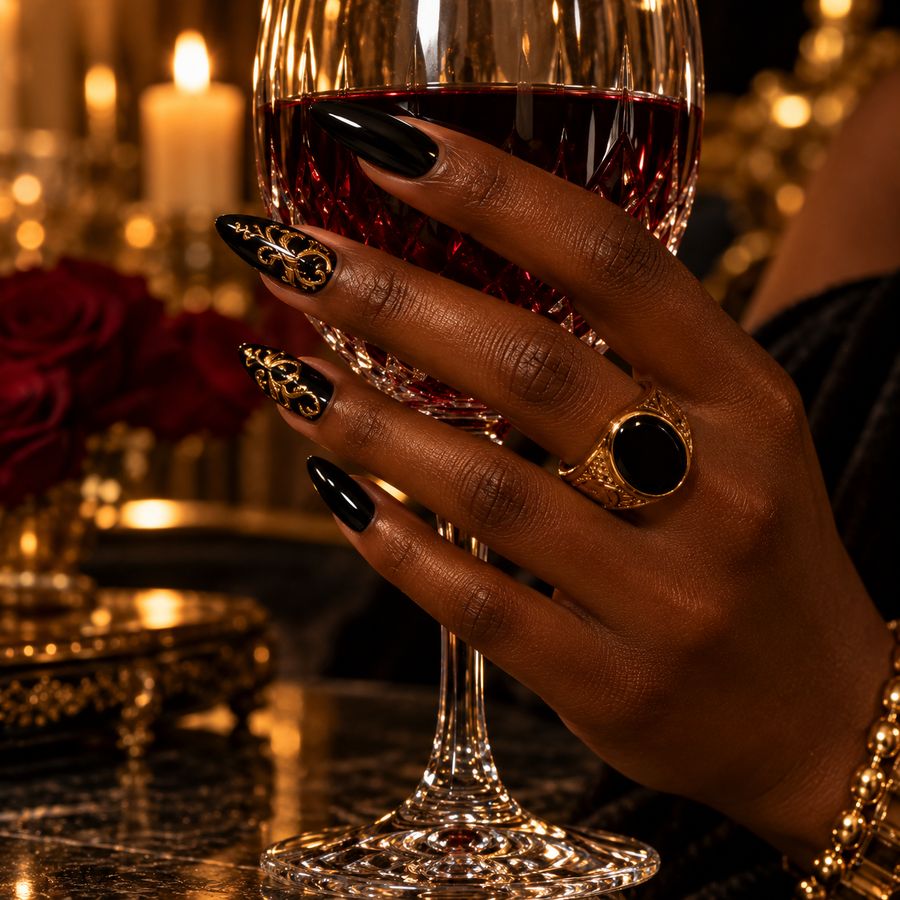 Onyx & gold filigree: Jet black with raised gold detail on two nails.