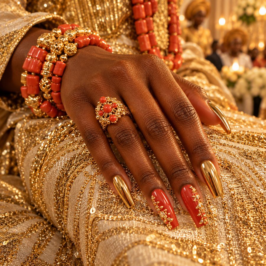 Owambe royalty: Gold and coral with beaded accents, made for the party.