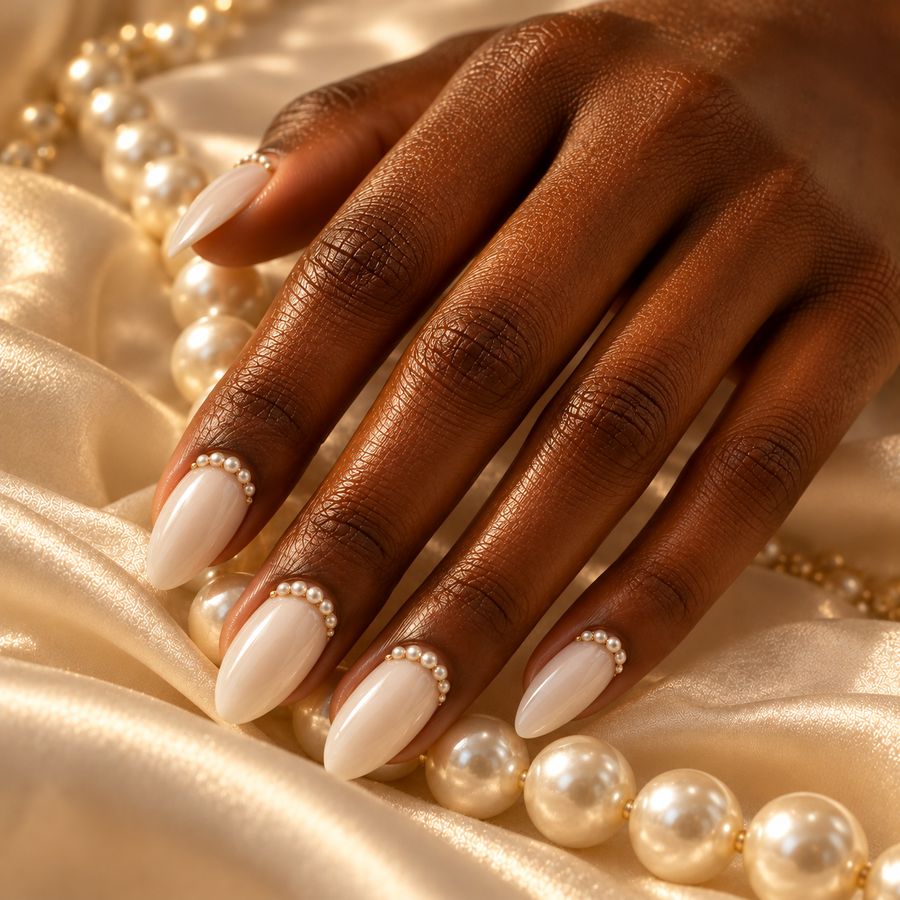 Pearl inlay: Ivory nails with a fine line of pearls at the cuticle.