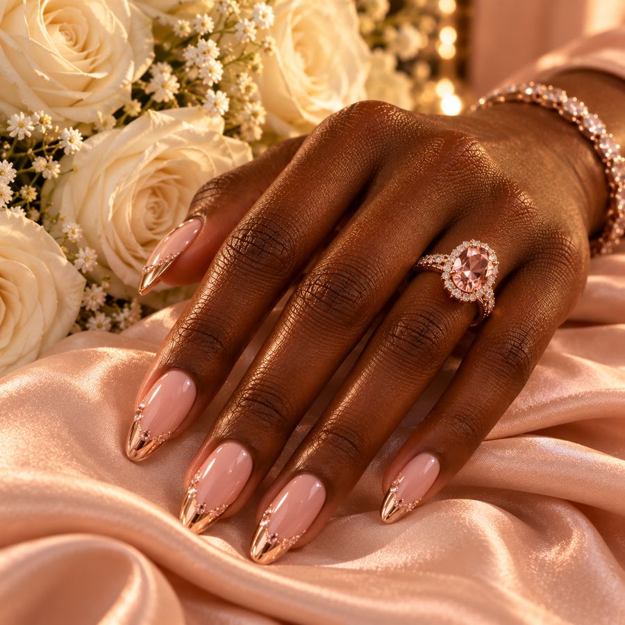 Rose gold & blush: Blush pink with rose-gold tips and tiny crystals.