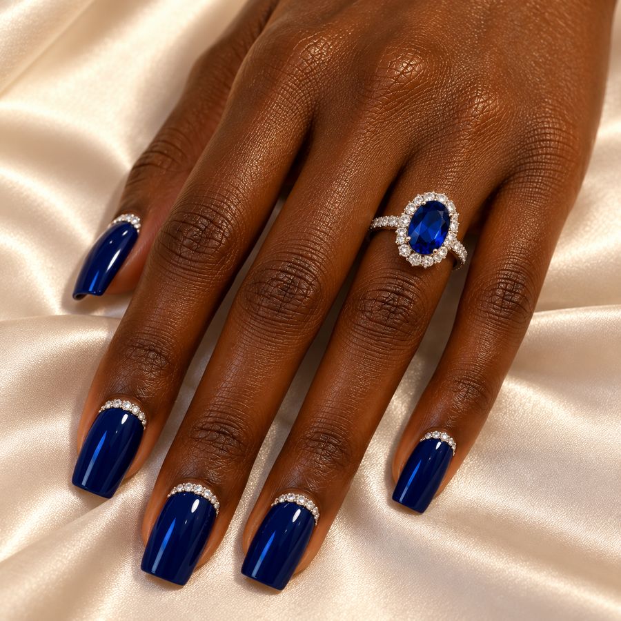 Sapphire & diamonds: Midnight blue with a fine row of diamonds at the cuticle.
