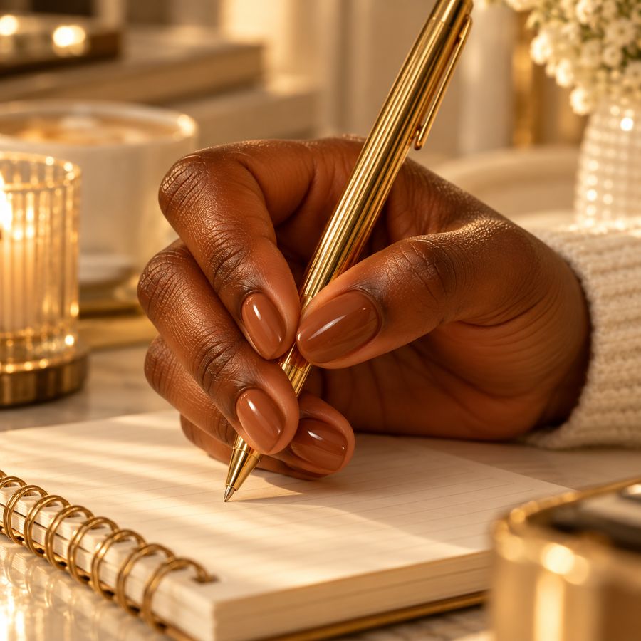 Short & glossy caramel: Work-ready, easy to type with, kind to the natural nail.